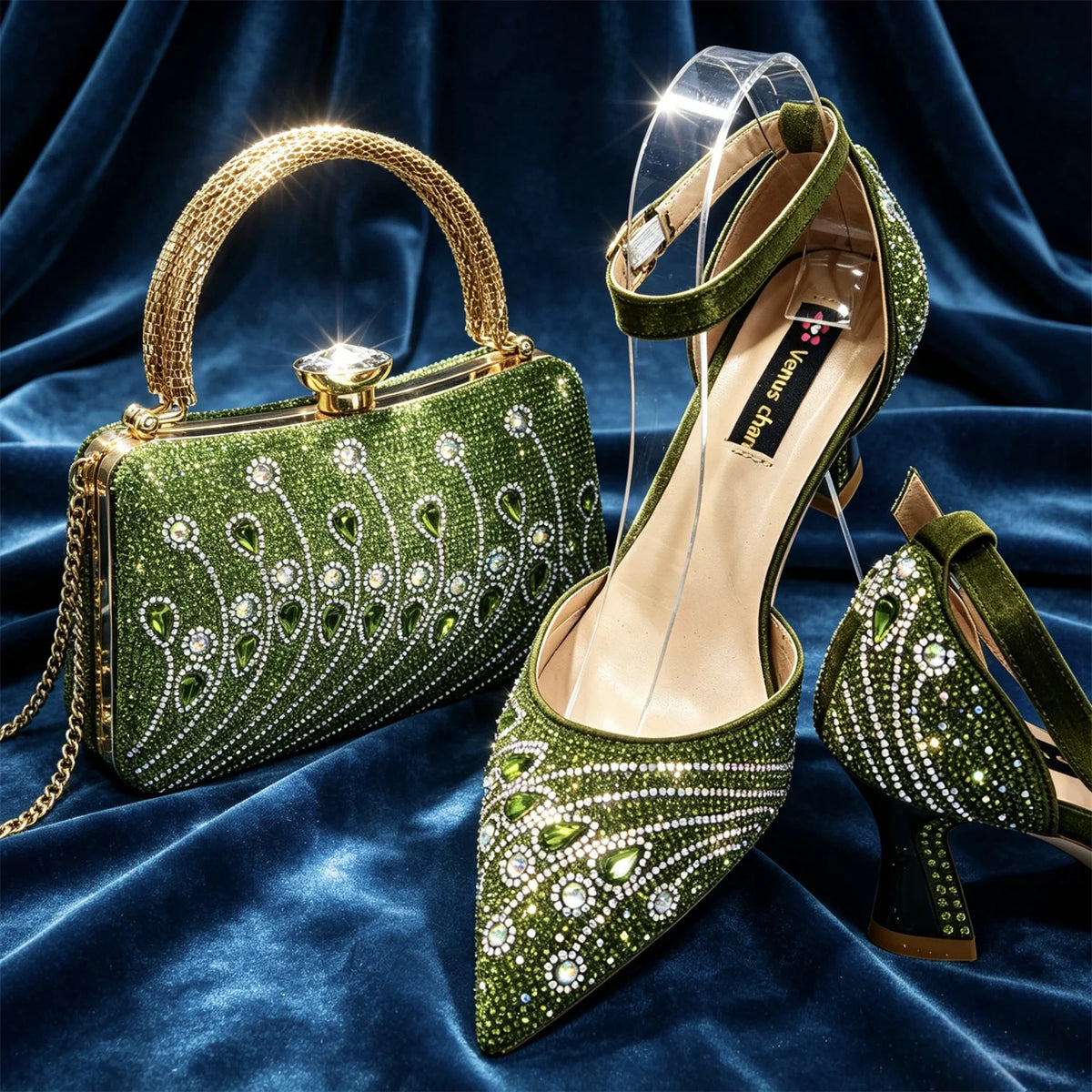 Elegant Italian Rhinestone Pointed-Toe High Heel Shoes with Matching Handbag Set - Stylish & Comfortable Women's Footwear