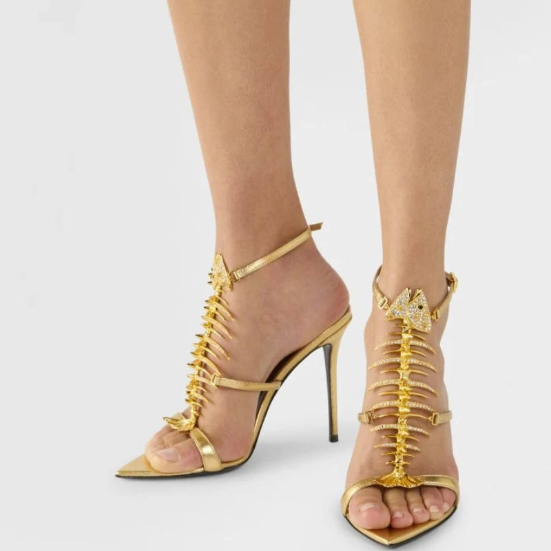 Fishbone Rhinestone Open Toe Stiletto Sandals Woman Summer 2026 Pointed Toe Ankle Strap High Heel Shoes Party Wedding