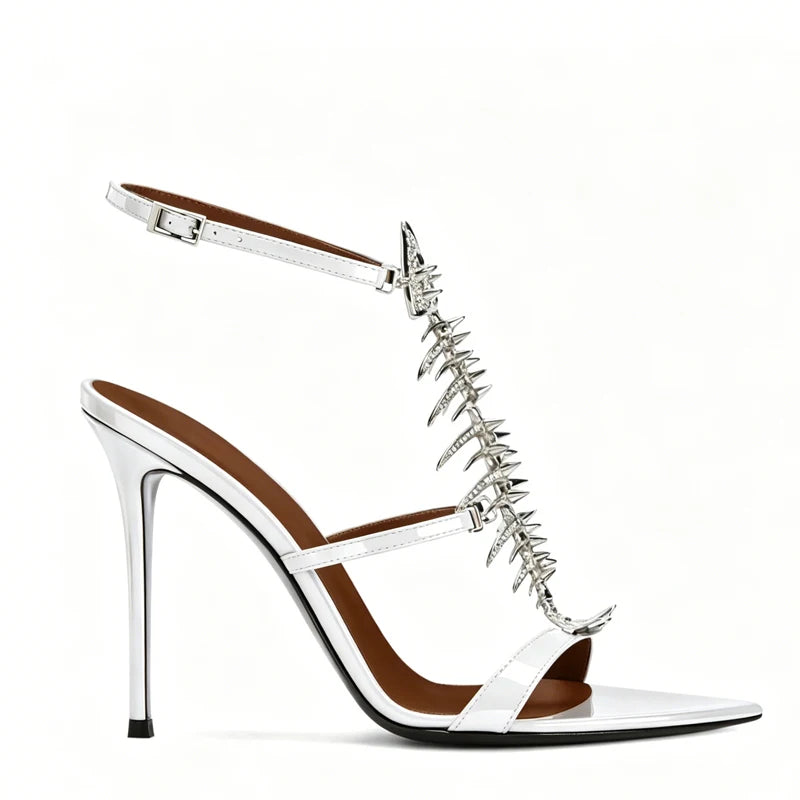 Fishbone Rhinestone Open Toe Stiletto Sandals Woman Summer 2026 Pointed Toe Ankle Strap High Heel Shoes Party Wedding