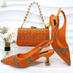2026 Nigerian Women Heel Ladies Italian Luxury Design Green Shoes And Bag Set Decorated with Rhinestone Handbag Wedding Party