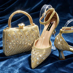 Elegant Italian Rhinestone Pointed-Toe High Heel Shoes with Matching Handbag Set - Stylish & Comfortable Women's Footwear