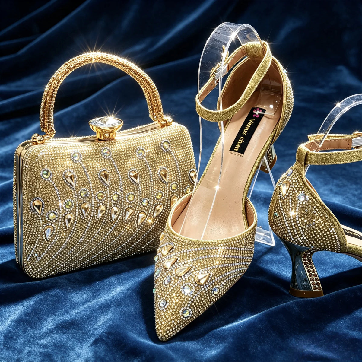 Elegant Italian Rhinestone Pointed-Toe High Heel Shoes with Matching Handbag Set - Stylish & Comfortable Women's Footwear