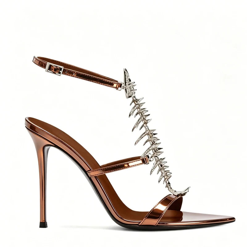 Fishbone Rhinestone Open Toe Stiletto Sandals Woman Summer 2026 Pointed Toe Ankle Strap High Heel Shoes Party Wedding