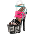 Color-Block Multistrap Patent Platform Stiletto Sandals Women Chevron Print High Heel Party Shoes Ladies Nightclub Footwears