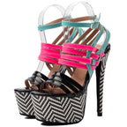 Color-Block Multistrap Patent Platform Stiletto Sandals Women Chevron Print High Heel Party Shoes Ladies Nightclub Footwears