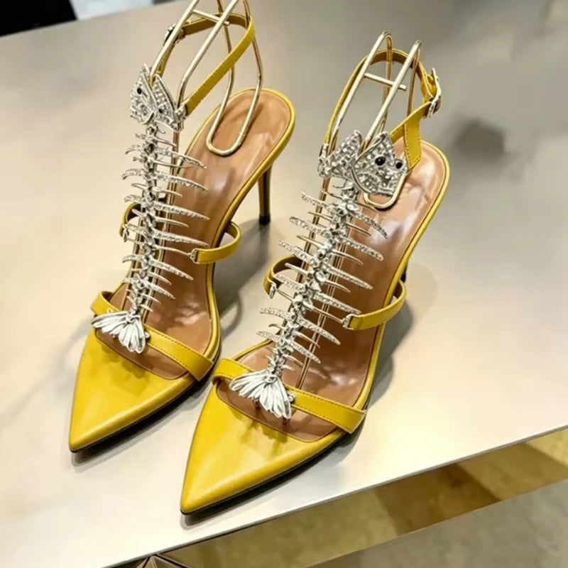 Fishbone Rhinestone Open Toe Stiletto Sandals Woman Summer 2026 Pointed Toe Ankle Strap High Heel Shoes Party Wedding
