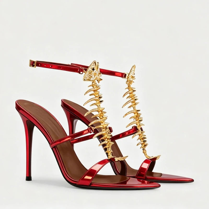 Fishbone Rhinestone Open Toe Stiletto Sandals Woman Summer 2026 Pointed Toe Ankle Strap High Heel Shoes Party Wedding