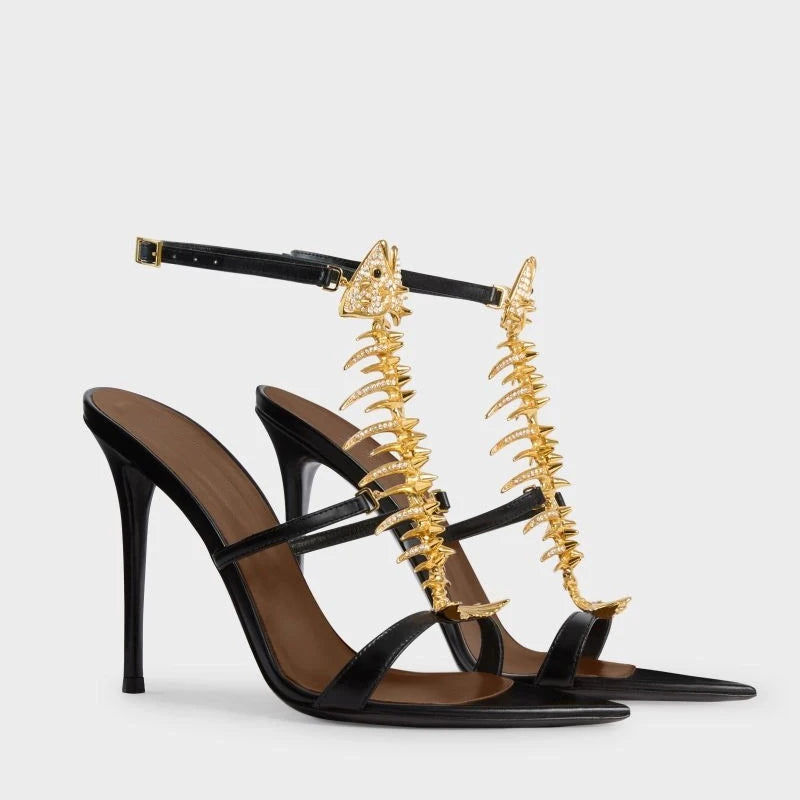 Fishbone Rhinestone Open Toe Stiletto Sandals Woman Summer 2026 Pointed Toe Ankle Strap High Heel Shoes Party Wedding