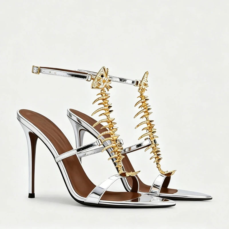 Fishbone Rhinestone Open Toe Stiletto Sandals Woman Summer 2026 Pointed Toe Ankle Strap High Heel Shoes Party Wedding