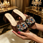 Women Luxury Multicolor Rhinestone Blue Heel Mules Black Satin Open Toe Slip On Sandals Elegant Wedding Evening Party Designer