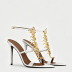 Fishbone Rhinestone Open Toe Stiletto Sandals Woman Summer 2026 Pointed Toe Ankle Strap High Heel Shoes Party Wedding