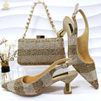2026 Nigerian Women Heel Ladies Italian Luxury Design Green Shoes And Bag Set Decorated with Rhinestone Handbag Wedding Party