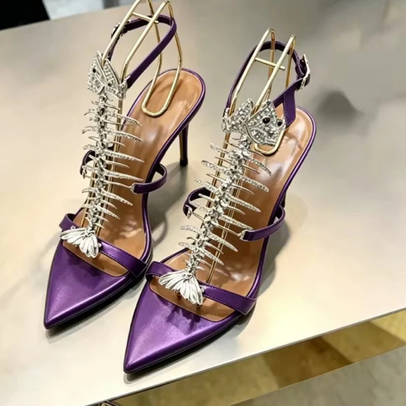 Fishbone Rhinestone Open Toe Stiletto Sandals Woman Summer 2026 Pointed Toe Ankle Strap High Heel Shoes Party Wedding