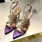 Fishbone Rhinestone Open Toe Stiletto Sandals Woman Summer 2026 Pointed Toe Ankle Strap High Heel Shoes Party Wedding