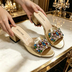 Women Luxury Multicolor Rhinestone Blue Heel Mules Black Satin Open Toe Slip On Sandals Elegant Wedding Evening Party Designer