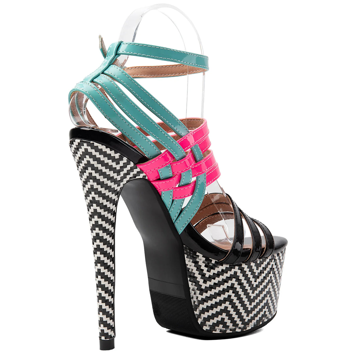 Color-Block Multistrap Patent Platform Stiletto Sandals Women Chevron Print High Heel Party Shoes Ladies Nightclub Footwears