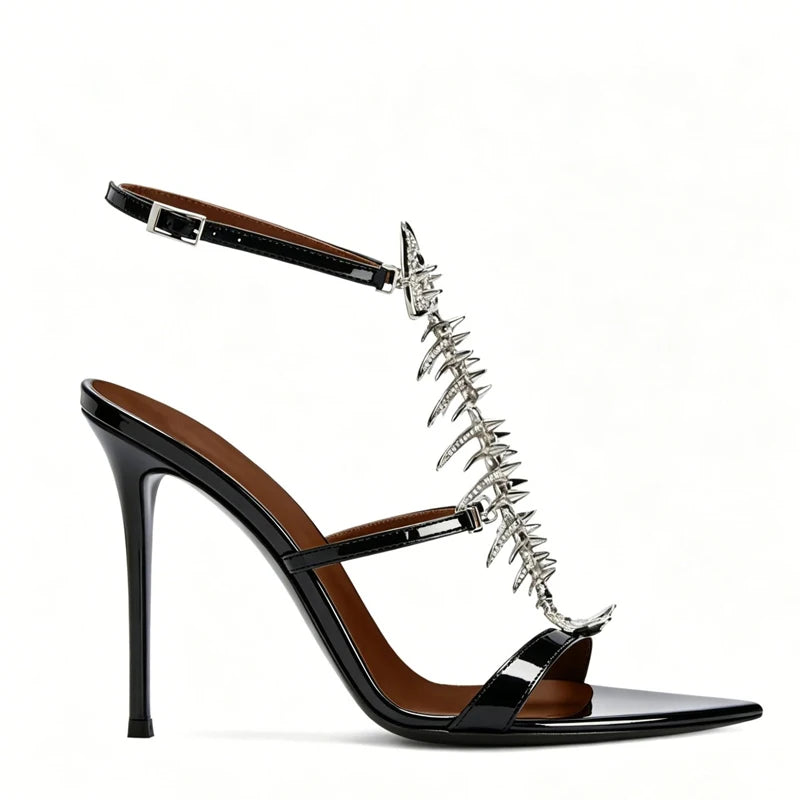 Fishbone Rhinestone Open Toe Stiletto Sandals Woman Summer 2026 Pointed Toe Ankle Strap High Heel Shoes Party Wedding