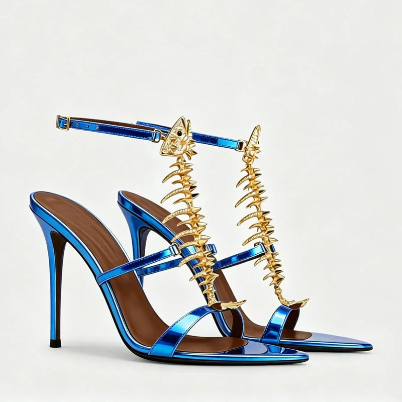 Fishbone Rhinestone Open Toe Stiletto Sandals Woman Summer 2026 Pointed Toe Ankle Strap High Heel Shoes Party Wedding