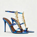 Fishbone Rhinestone Open Toe Stiletto Sandals Woman Summer 2026 Pointed Toe Ankle Strap High Heel Shoes Party Wedding