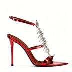 Fishbone Rhinestone Open Toe Stiletto Sandals Woman Summer 2026 Pointed Toe Ankle Strap High Heel Shoes Party Wedding