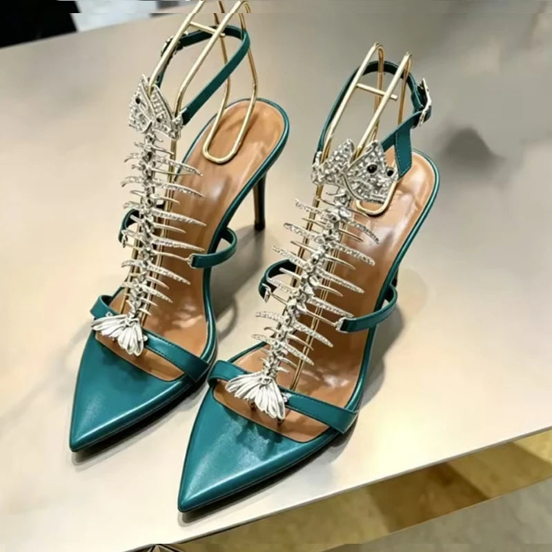 Fishbone Rhinestone Open Toe Stiletto Sandals Woman Summer 2026 Pointed Toe Ankle Strap High Heel Shoes Party Wedding