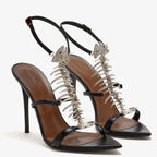 Fishbone Rhinestone Open Toe Stiletto Sandals Woman Summer 2026 Pointed Toe Ankle Strap High Heel Shoes Party Wedding