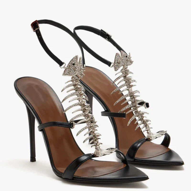 Fishbone Rhinestone Open Toe Stiletto Sandals Woman Summer 2026 Pointed Toe Ankle Strap High Heel Shoes Party Wedding