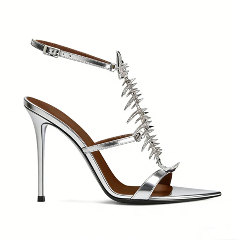 Fishbone Rhinestone Open Toe Stiletto Sandals Woman Summer 2026 Pointed Toe Ankle Strap High Heel Shoes Party Wedding
