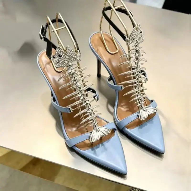Fishbone Rhinestone Open Toe Stiletto Sandals Woman Summer 2026 Pointed Toe Ankle Strap High Heel Shoes Party Wedding