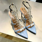 Fishbone Rhinestone Open Toe Stiletto Sandals Woman Summer 2026 Pointed Toe Ankle Strap High Heel Shoes Party Wedding
