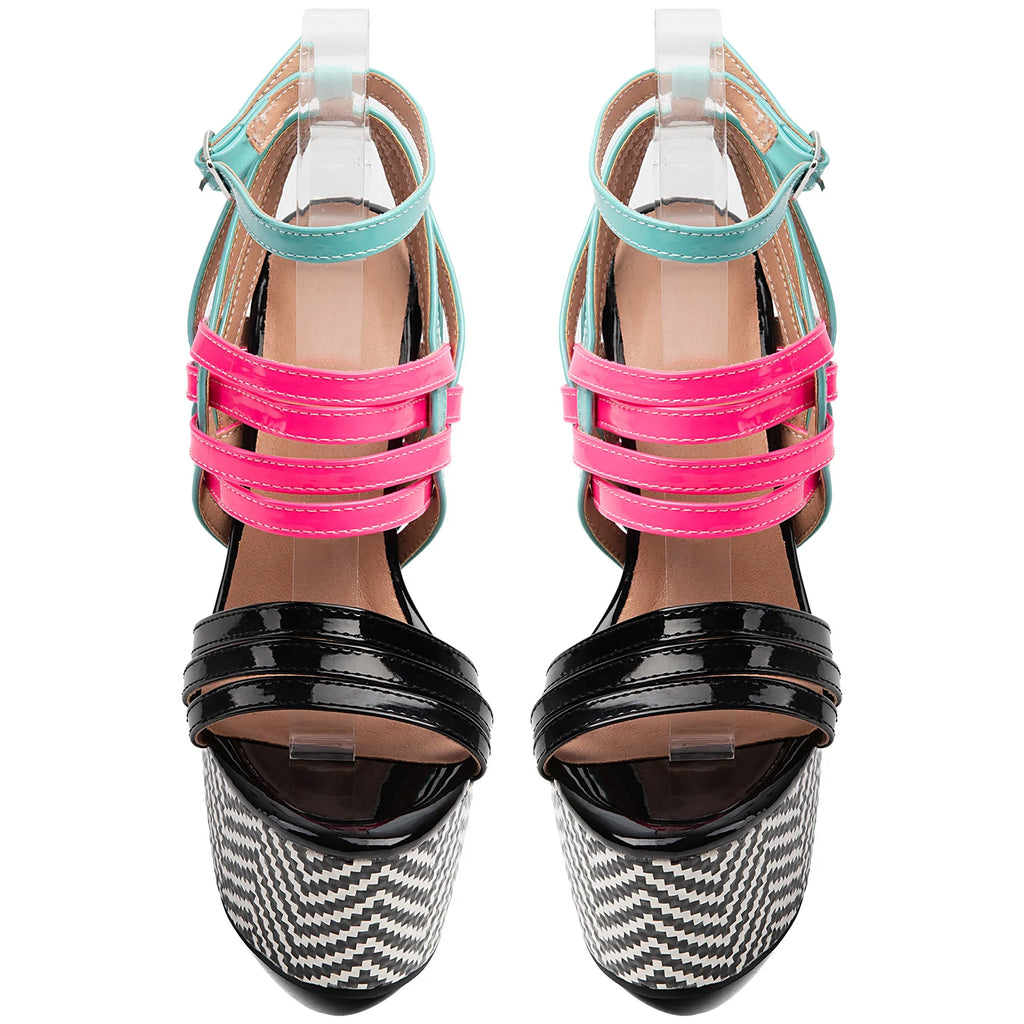 Color-Block Multistrap Patent Platform Stiletto Sandals Women Chevron Print High Heel Party Shoes Ladies Nightclub Footwears
