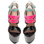 Color-Block Multistrap Patent Platform Stiletto Sandals Women Chevron Print High Heel Party Shoes Ladies Nightclub Footwears
