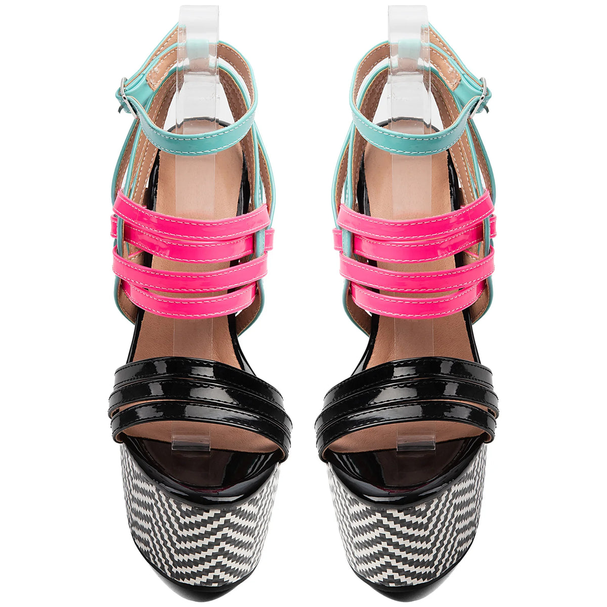 Color-Block Multistrap Patent Platform Stiletto Sandals Women Chevron Print High Heel Party Shoes Ladies Nightclub Footwears