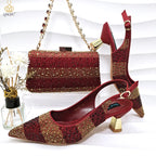 2026 Nigerian Women Heel Ladies Italian Luxury Design Green Shoes And Bag Set Decorated with Rhinestone Handbag Wedding Party