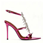 Fishbone Rhinestone Open Toe Stiletto Sandals Woman Summer 2026 Pointed Toe Ankle Strap High Heel Shoes Party Wedding