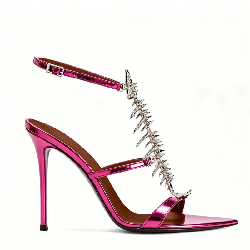 Fishbone Rhinestone Open Toe Stiletto Sandals Woman Summer 2026 Pointed Toe Ankle Strap High Heel Shoes Party Wedding
