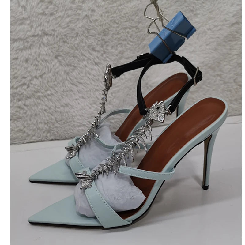 Fishbone Rhinestone Open Toe Stiletto Sandals Woman Summer 2026 Pointed Toe Ankle Strap High Heel Shoes Party Wedding