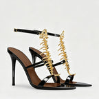 Fishbone Rhinestone Open Toe Stiletto Sandals Woman Summer 2026 Pointed Toe Ankle Strap High Heel Shoes Party Wedding