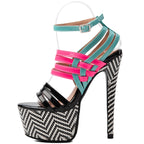 Color-Block Multistrap Patent Platform Stiletto Sandals Women Chevron Print High Heel Party Shoes Ladies Nightclub Footwears