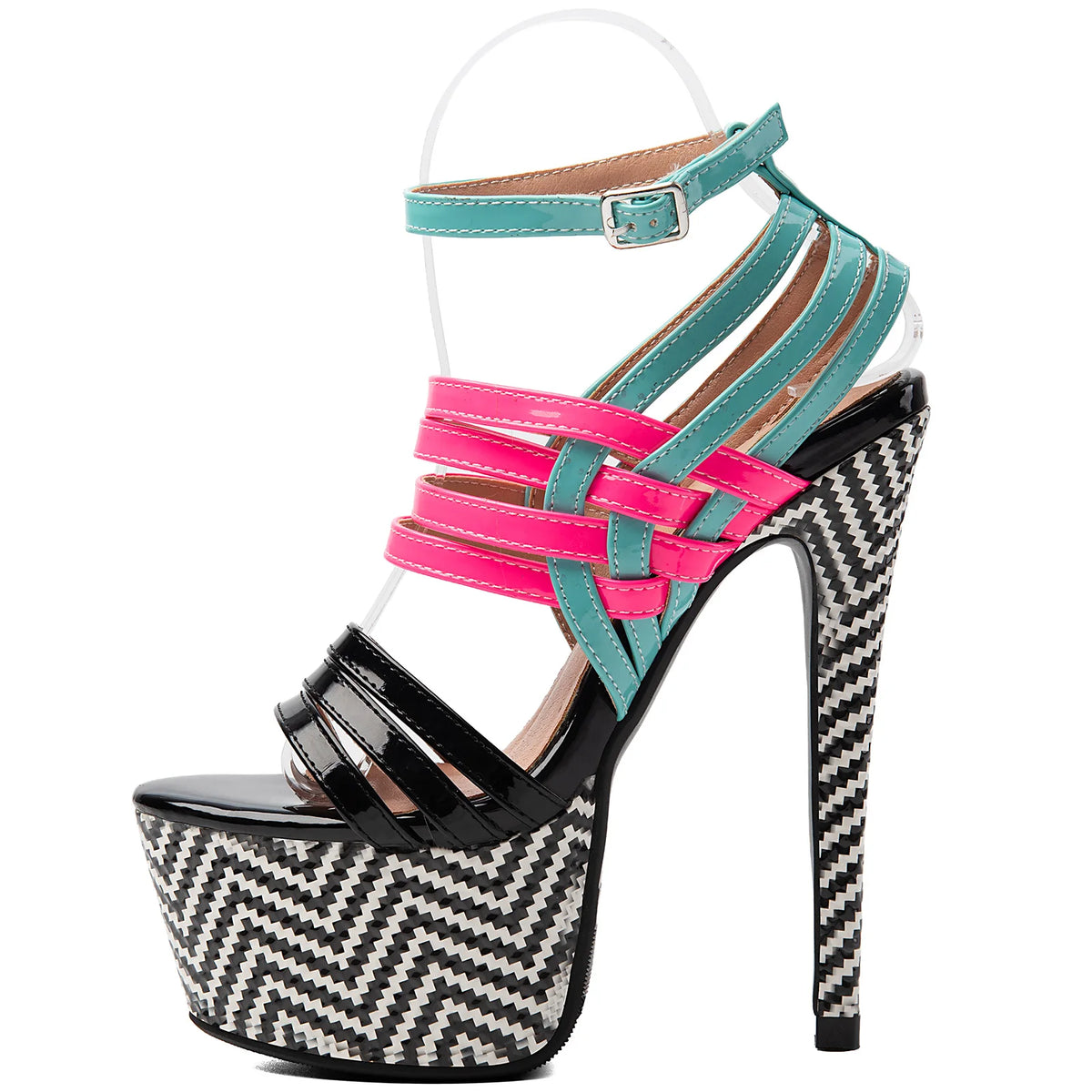 Color-Block Multistrap Patent Platform Stiletto Sandals Women Chevron Print High Heel Party Shoes Ladies Nightclub Footwears