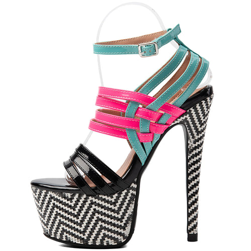 Color-Block Multistrap Patent Platform Stiletto Sandals Women Chevron Print High Heel Party Shoes Ladies Nightclub Footwears