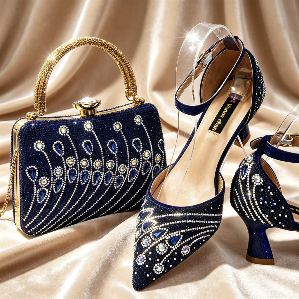 Elegant Italian Rhinestone Pointed-Toe High Heel Shoes with Matching Handbag Set - Stylish & Comfortable Women's Footwear