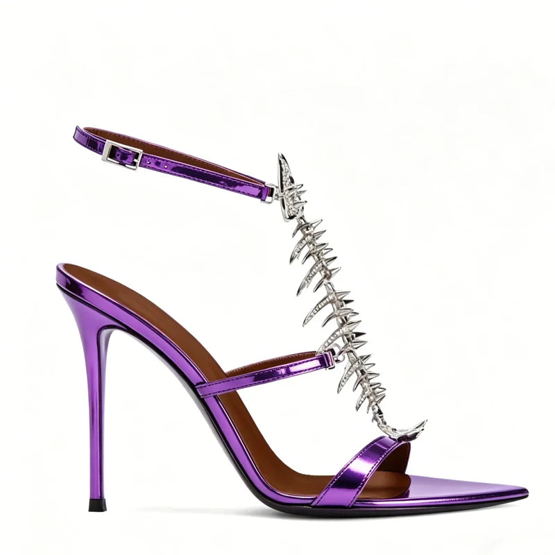 Fishbone Rhinestone Open Toe Stiletto Sandals Woman Summer 2026 Pointed Toe Ankle Strap High Heel Shoes Party Wedding