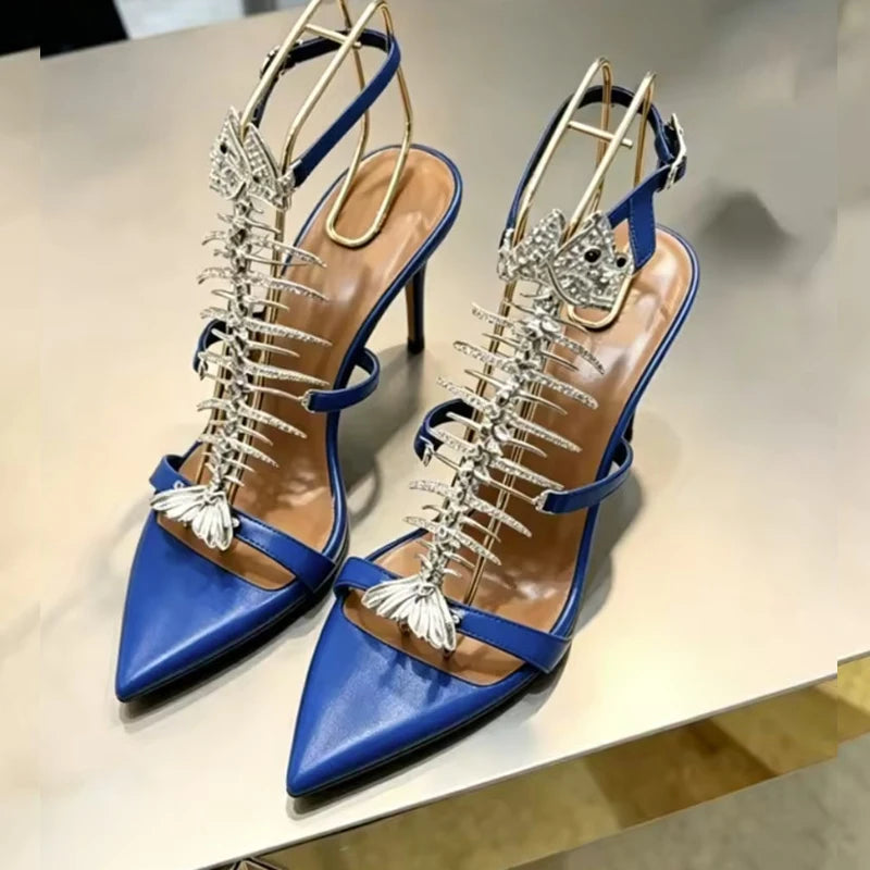 Fishbone Rhinestone Open Toe Stiletto Sandals Woman Summer 2026 Pointed Toe Ankle Strap High Heel Shoes Party Wedding