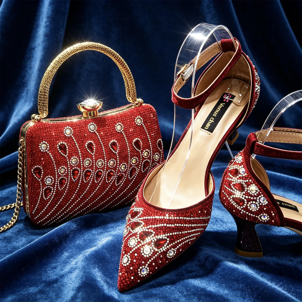 Elegant Italian Rhinestone Pointed-Toe High Heel Shoes with Matching Handbag Set - Stylish & Comfortable Women's Footwear