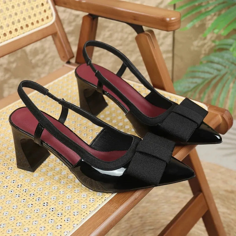 2026 Summer New Style Square Heel Women's High Heels Sexy Pointed Toe Casual Platform Shoes Fashionable Bow  Jane Sandals