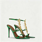 Fishbone Rhinestone Open Toe Stiletto Sandals Woman Summer 2026 Pointed Toe Ankle Strap High Heel Shoes Party Wedding