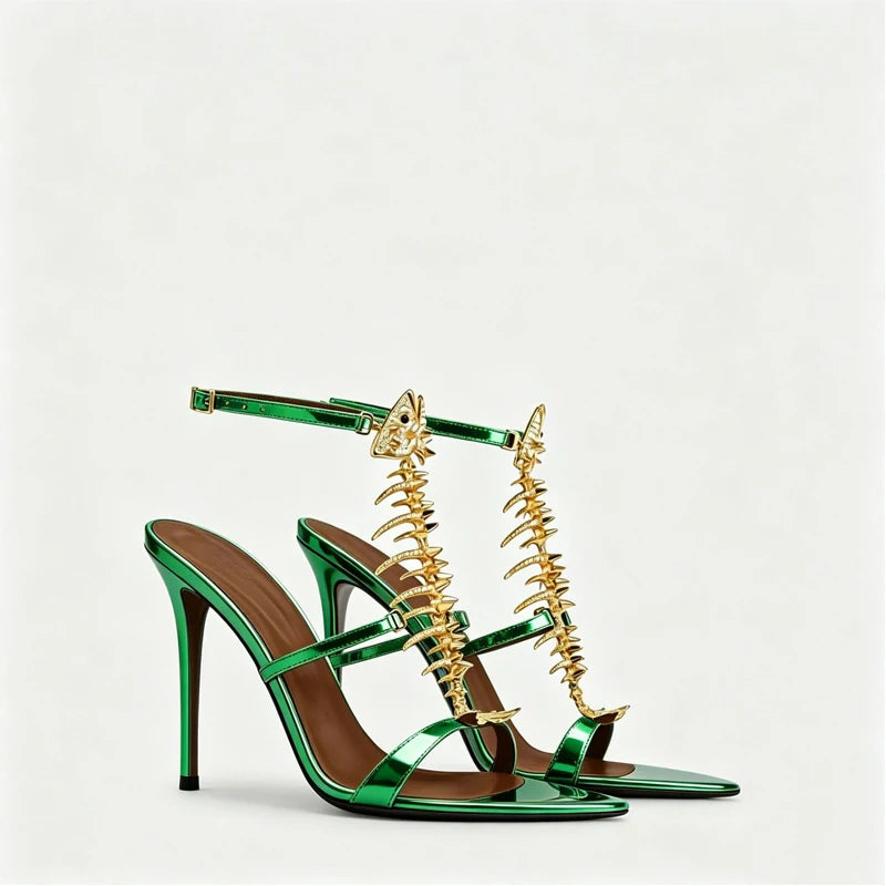 Fishbone Rhinestone Open Toe Stiletto Sandals Woman Summer 2026 Pointed Toe Ankle Strap High Heel Shoes Party Wedding