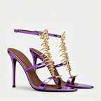 Fishbone Rhinestone Open Toe Stiletto Sandals Woman Summer 2026 Pointed Toe Ankle Strap High Heel Shoes Party Wedding