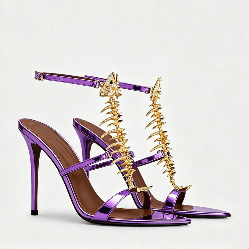 Fishbone Rhinestone Open Toe Stiletto Sandals Woman Summer 2026 Pointed Toe Ankle Strap High Heel Shoes Party Wedding